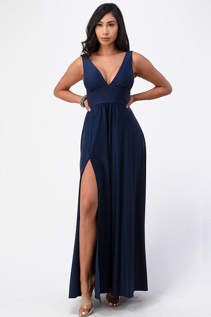 Full tricot deep V-neck A-line dress with side slit