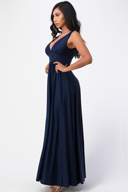 Full tricot deep V-neck A-line dress with side slit