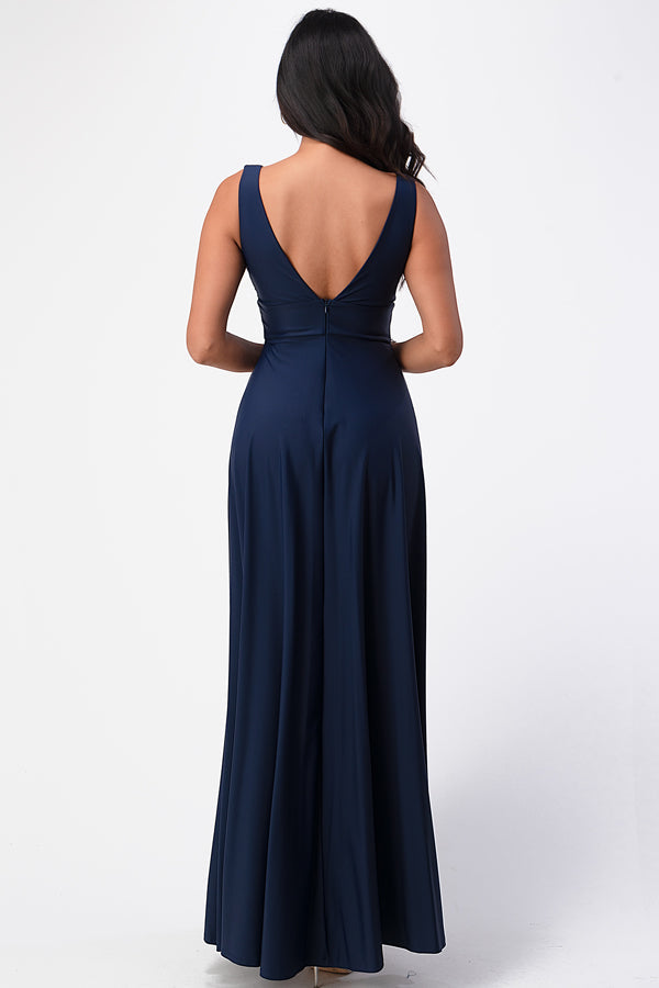 Full tricot deep V-neck A-line dress with side slit