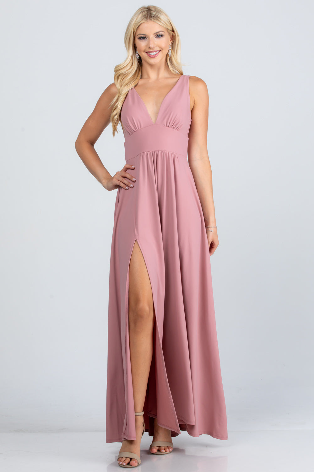 Full tricot deep V-neck A-line dress with side slit