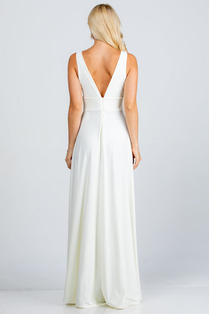 Full tricot deep V-neck A-line dress with side slit