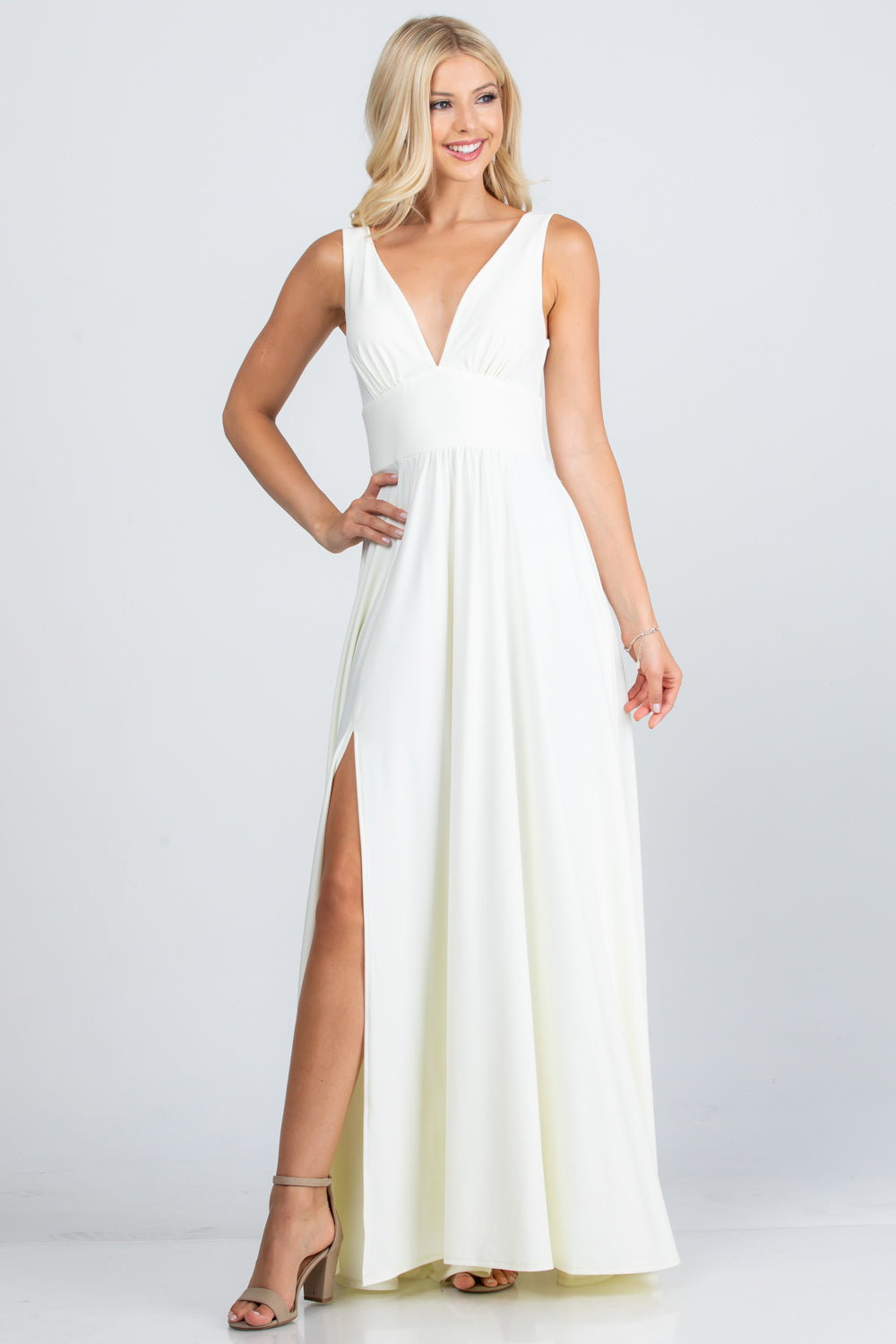 Full tricot deep V-neck A-line dress with side slit