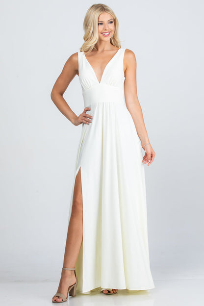 Full tricot deep V-neck A-line dress with side slit