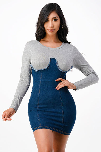 Long sleeve Denim dress with rib fabric