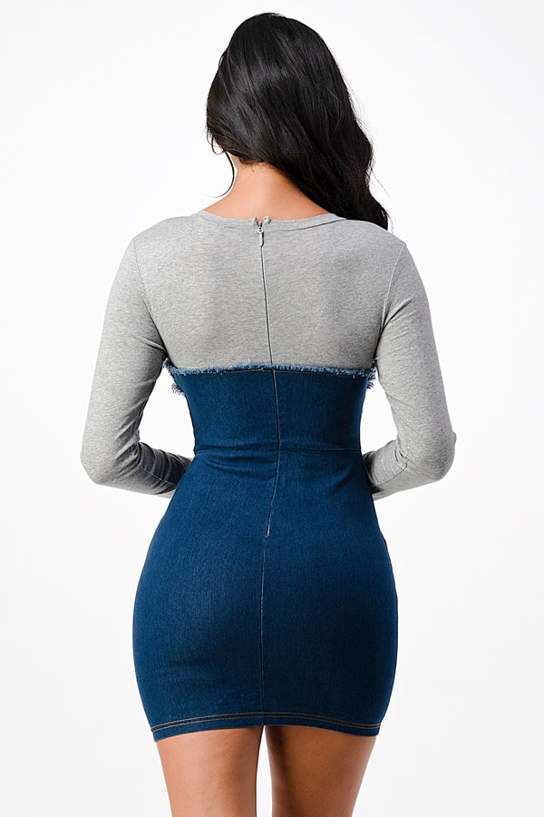 Long sleeve Denim dress with rib fabric