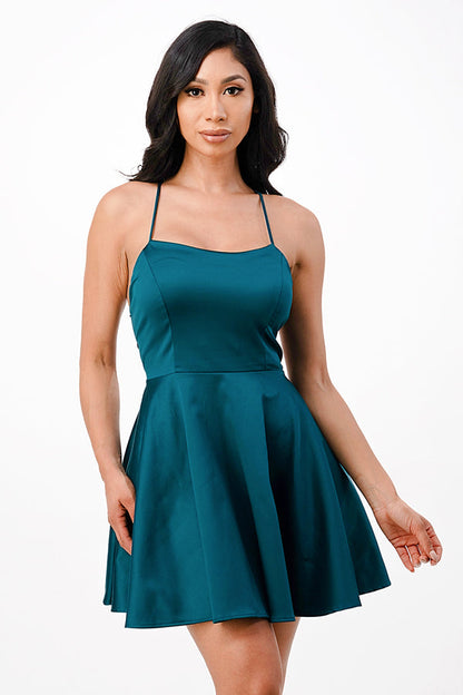 Satin like fit and flare dress with back crisscross spaghetti for prom homecoming cocktail dress