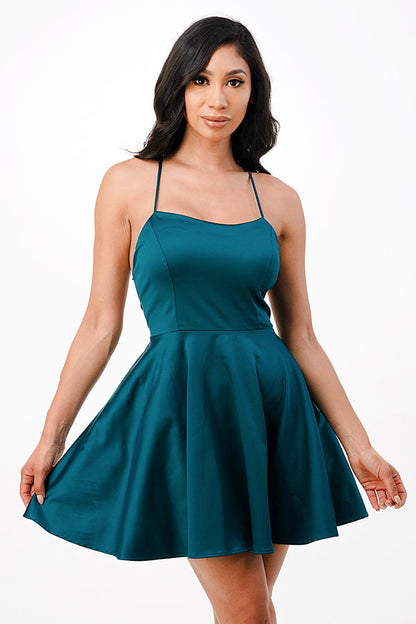 Satin like fit and flare dress with back crisscross spaghetti for prom homecoming cocktail dress