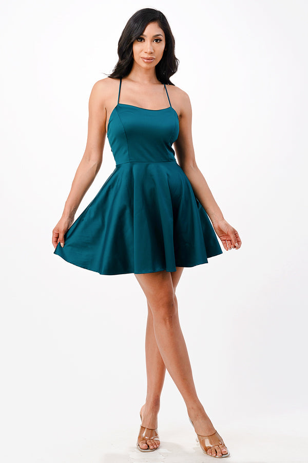 Satin like fit and flare dress with back crisscross spaghetti for prom homecoming cocktail dress