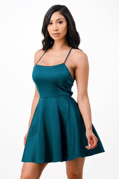Satin like fit and flare dress with back crisscross spaghetti for prom homecoming cocktail dress