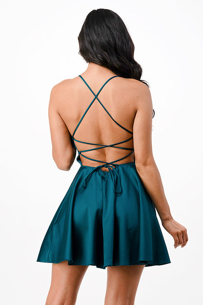 Satin like fit and flare dress with back crisscross spaghetti for prom homecoming cocktail dress