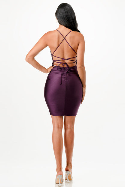 Back lace up short dress with waist shirring