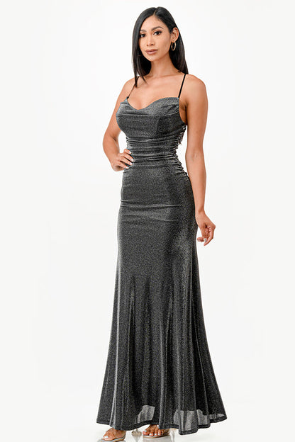 Sparking Jacquard Cowl Neck Long Dress