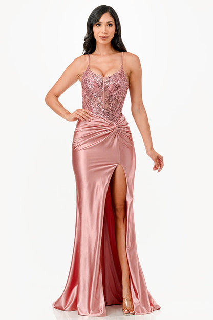 Sequin lace satin front twist long dress