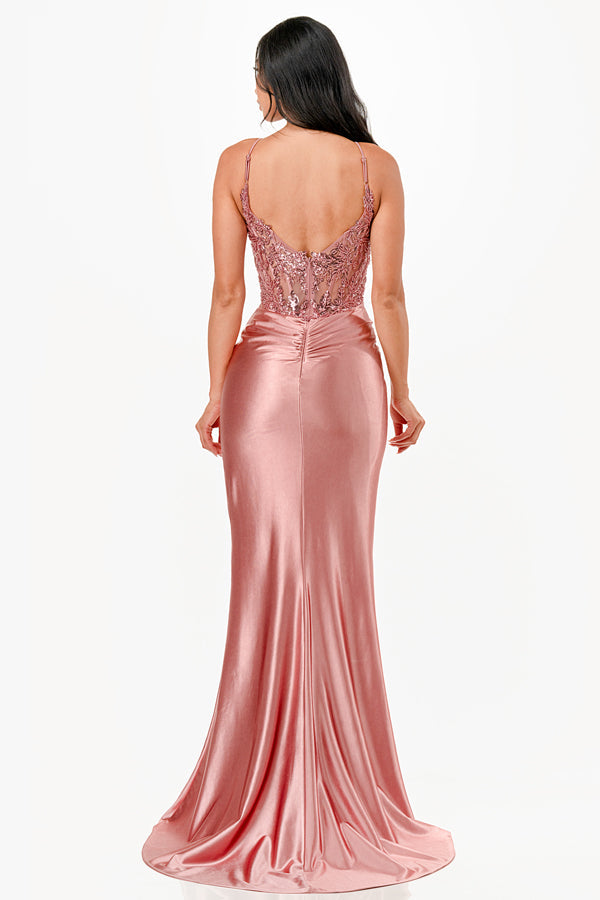 Sequin lace satin front twist long dress