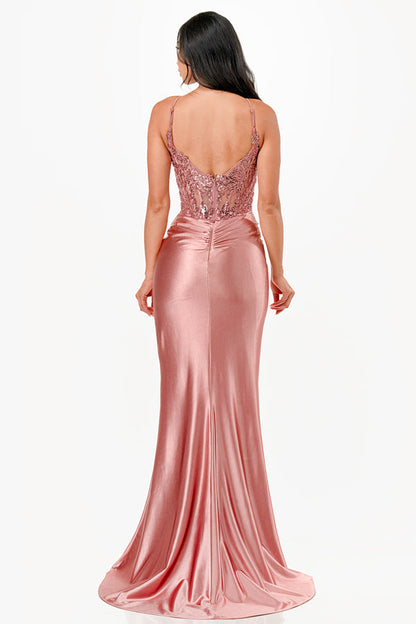 Sequin lace satin front twist long dress