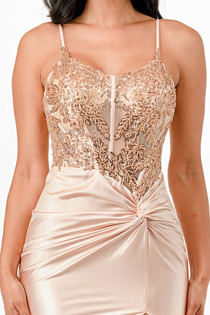 Sequin lace satin front twist long dress