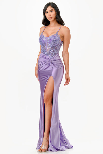 Sequin lace satin front twist long dress