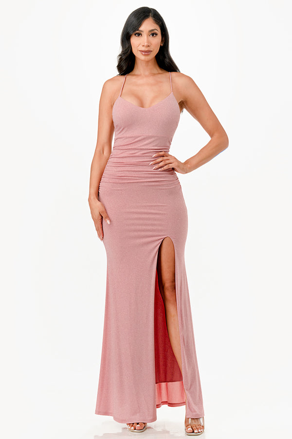 Glittered ITY Back lace up mermaid dress with waist shirring and open slit