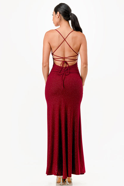 Glittered ITY Back lace up mermaid dress with waist shirring and open slit
