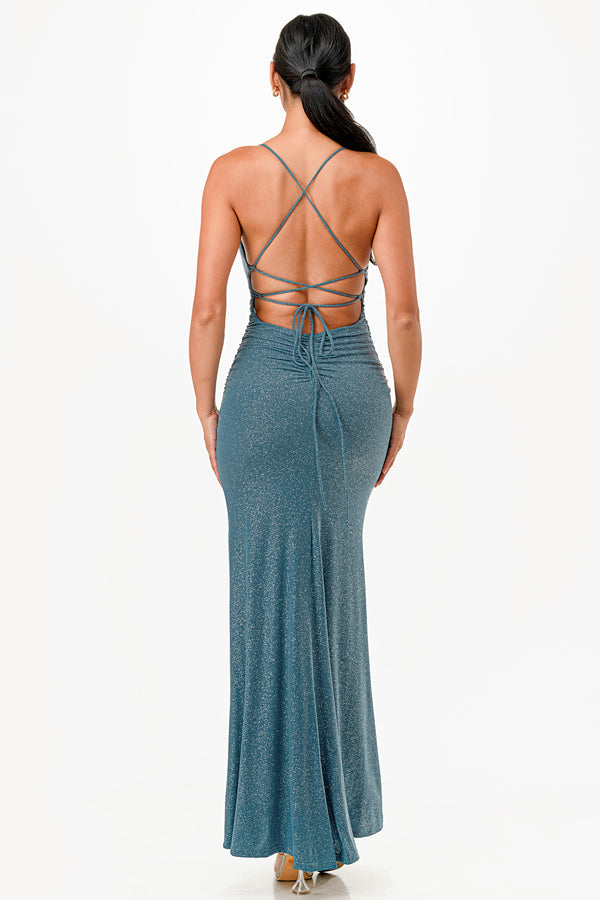 Glittered ITY Back lace up mermaid dress with waist shirring and open slit