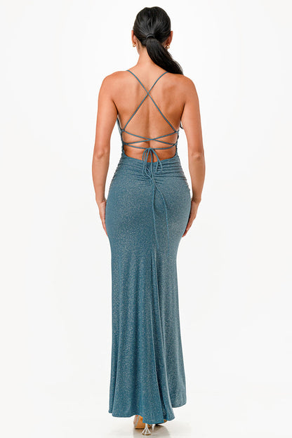 Glittered ITY Back lace up mermaid dress with waist shirring and open slit
