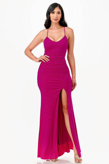 Glittered ITY Back lace up mermaid dress with waist shirring and open slit