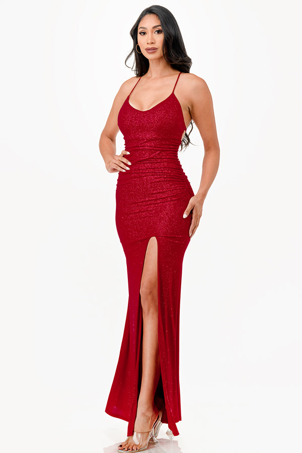 Glittered ITY Back lace up mermaid dress with waist shirring and open slit