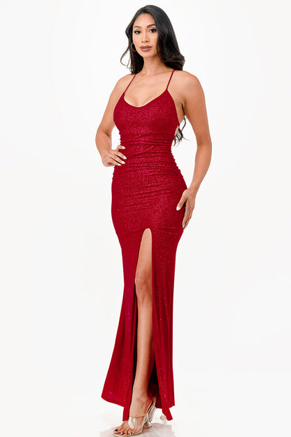 Glittered ITY Back lace up mermaid dress with waist shirring and open slit