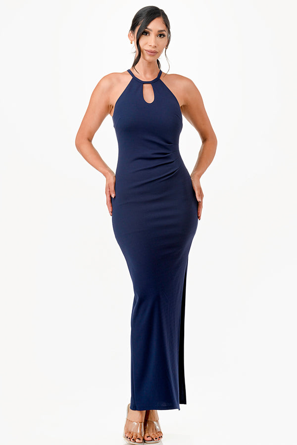 Keyhole A-Line dress with pintuck pleats and side slits