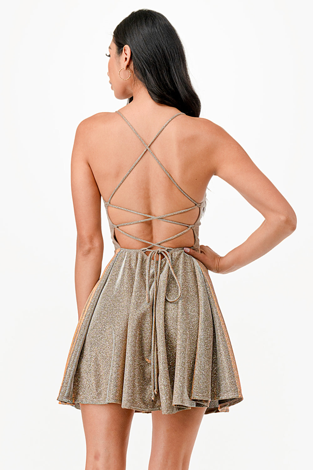Glittered fit and flare dress with back crisscross spaghetti for prom homecoming cocktail dress