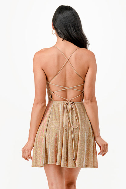 Glittered fit and flare dress with back crisscross spaghetti for prom homecoming cocktail dress