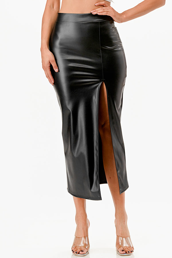 Long PU leather pencil skirt with open slit &amp; waist band