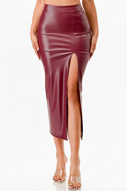 Long PU leather pencil skirt with open slit &amp; waist band