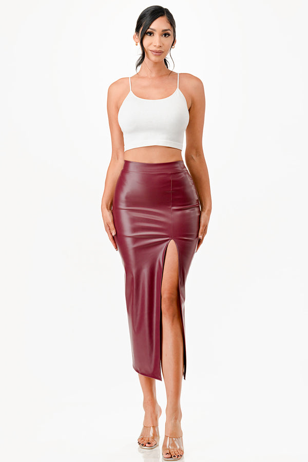 Long PU leather pencil skirt with open slit &amp; waist band