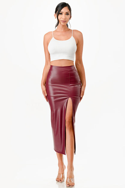 Long PU leather pencil skirt with open slit &amp; waist band