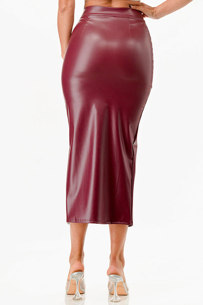 Long PU leather pencil skirt with open slit &amp; waist band