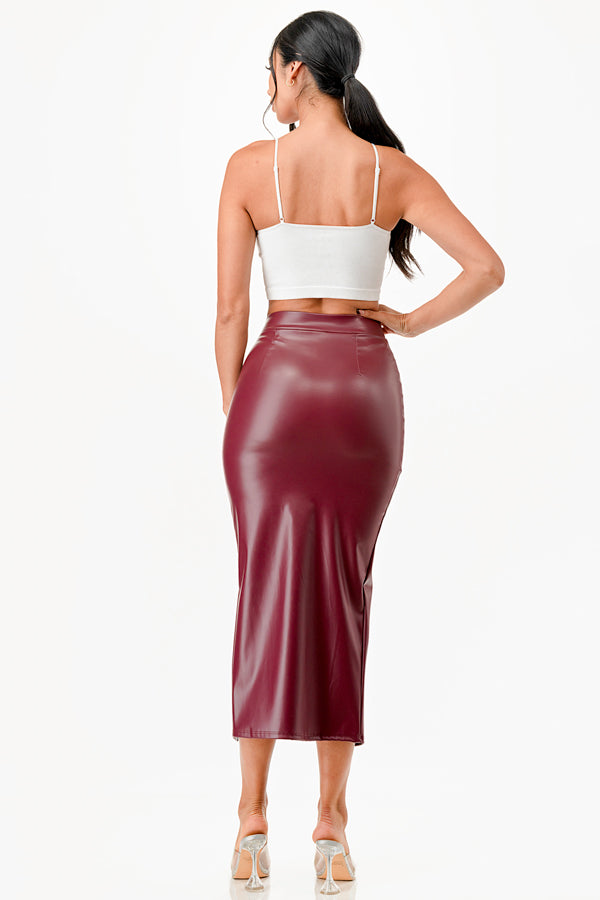 Long PU leather pencil skirt with open slit &amp; waist band