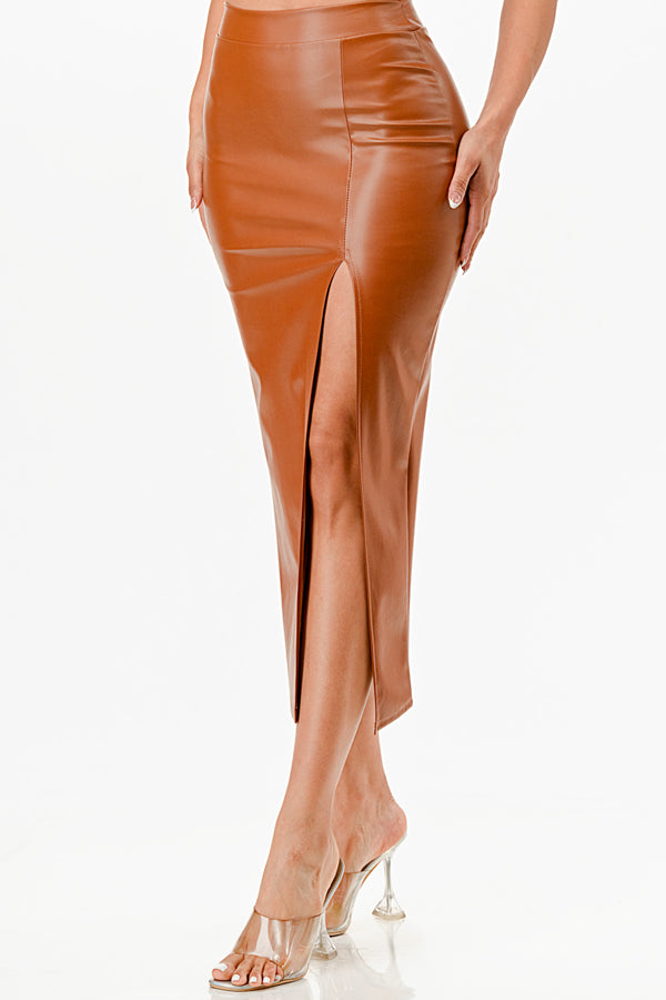 Long PU leather pencil skirt with open slit &amp; waist band