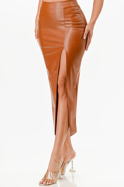 Long PU leather pencil skirt with open slit &amp; waist band