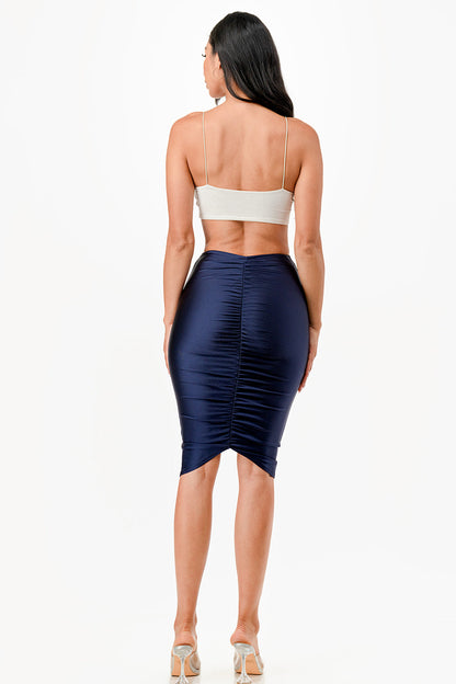 Center ruched knee length Shiny Tricot skirt