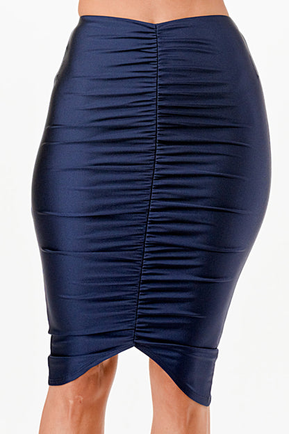 Center ruched knee length Shiny Tricot skirt