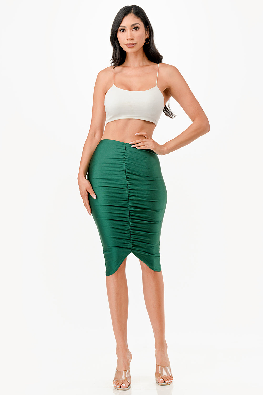Center ruched knee length Shiny Tricot skirt