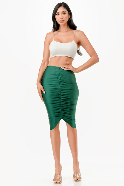 Center ruched knee length Shiny Tricot skirt
