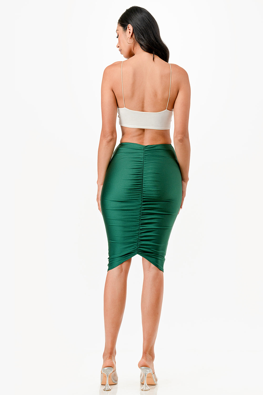 Center ruched knee length Shiny Tricot skirt
