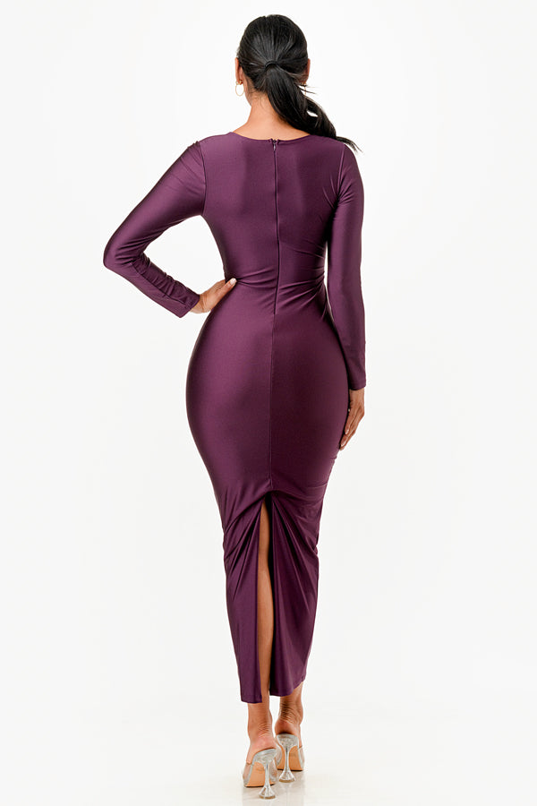 LONG SLEEVE SHINY TRICOT OVERLAP LONG DRESS