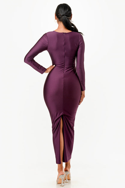 LONG SLEEVE SHINY TRICOT OVERLAP LONG DRESS
