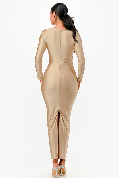 LONG SLEEVE SHINY TRICOT OVERLAP LONG DRESS