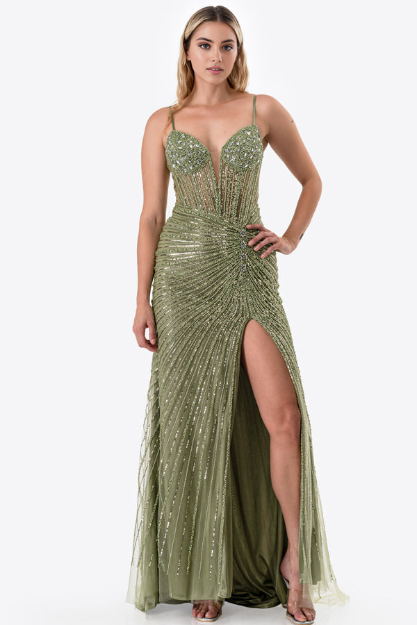 Sunburst Crystal beaded Vneck corset mermaid dress