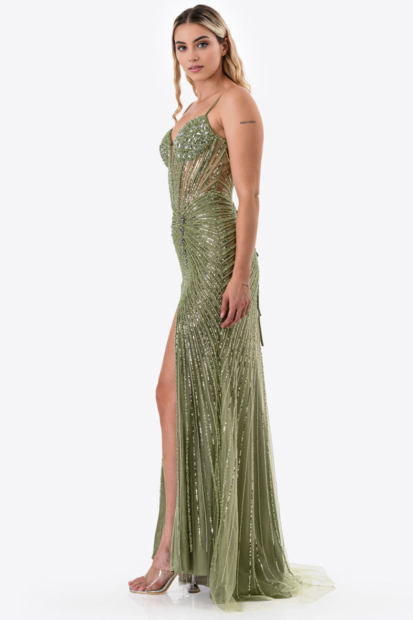 Sunburst Crystal beaded Vneck corset mermaid dress