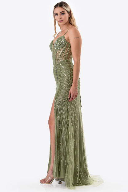 Sunburst Crystal beaded Vneck corset mermaid dress
